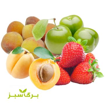 مخلوط آلوچه سبز، زردآلو، هلو و توت فرنگی برگ سبز وزن 400 گرم