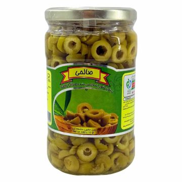 زیتون شور سبز اسلایس شده ( حلقه ) شیشه صالحی 650 گرم 