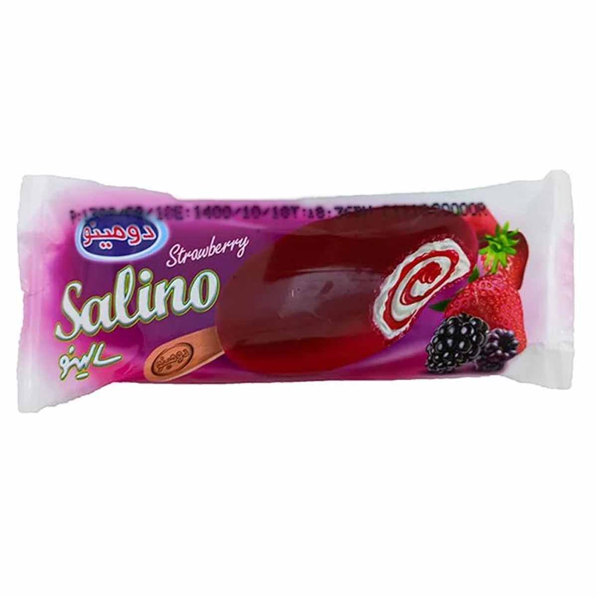 بستنی چوبی وانیلی با روکش توت فرنگی تمشک سالینو دومینو 90 گرم