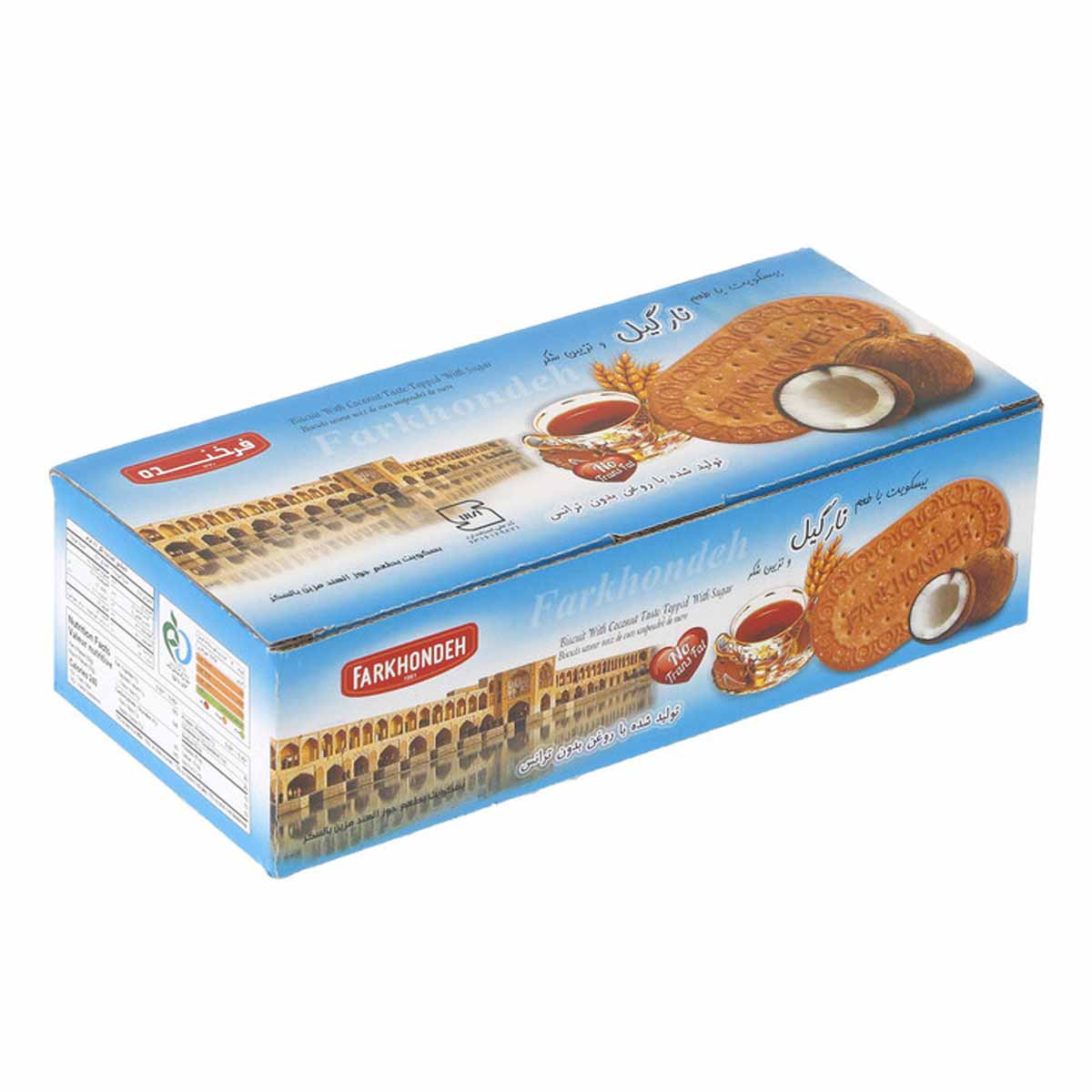 بیسکویت با طعم نارگیل و تزیین شکر جعبه ای فرخنده 450 گرم 