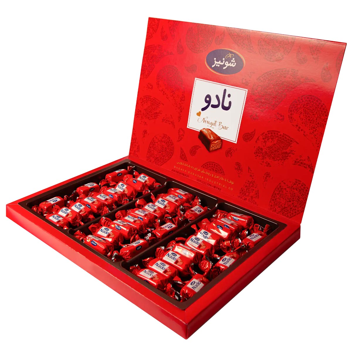 نوقا با کارامل و روکش فرآورده کاکائویی نادو کادویی روباندار شونیز 500 گرم