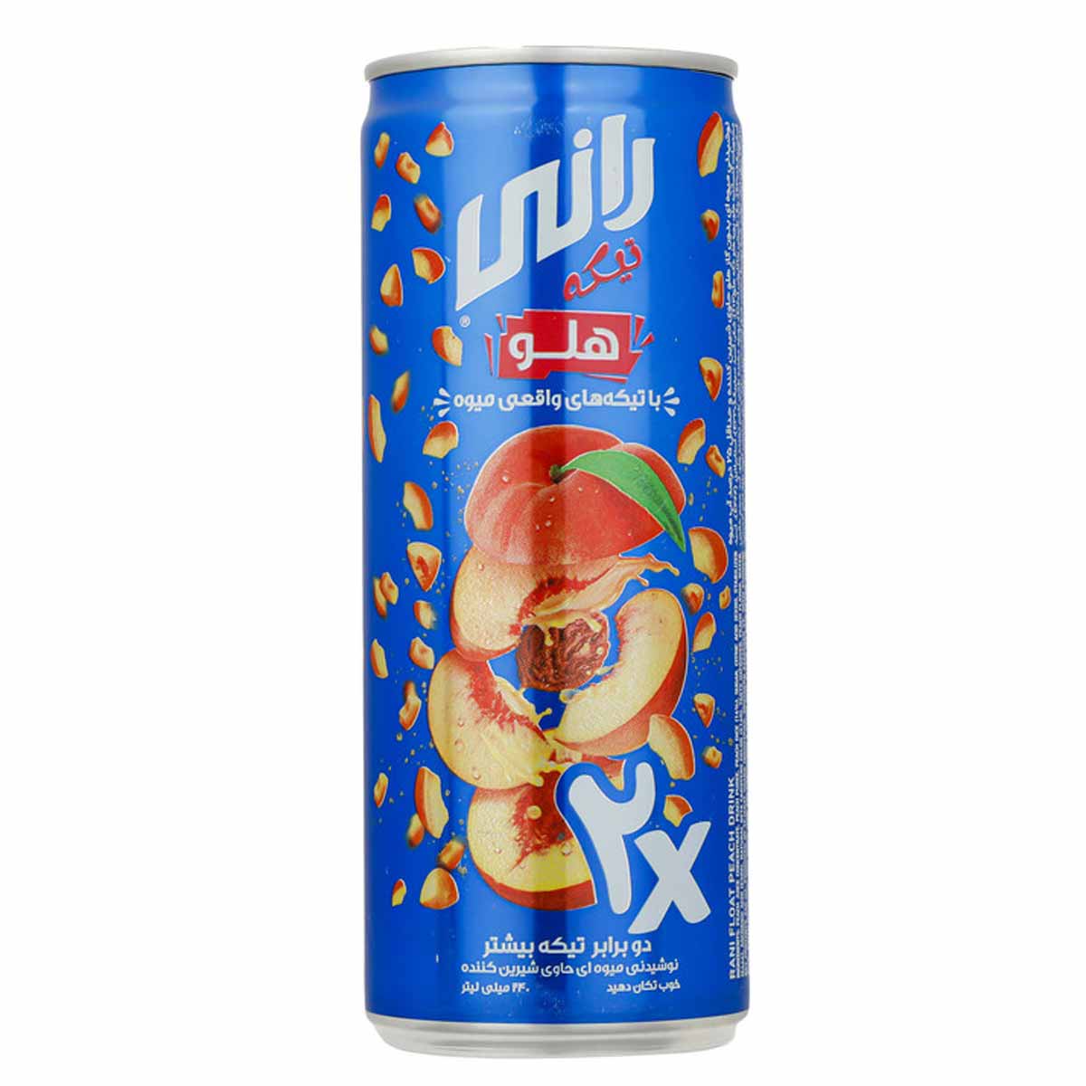 آبمیوه با طعم هلو و 2 برابر تیکه بیشتر قوطی رانی 240 میلی لیتر